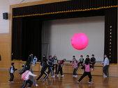 空中にあるピンクの大きなボールを追いかけキンボールを行っている様子の写真