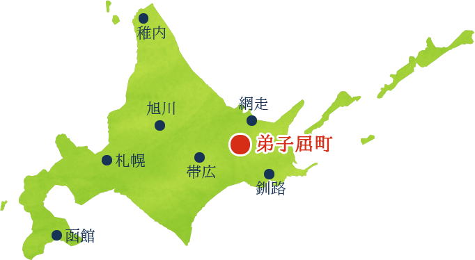 弟子屈町の位置を記した地図。北海道の東部、釧路総合振興局の北部に位置する。